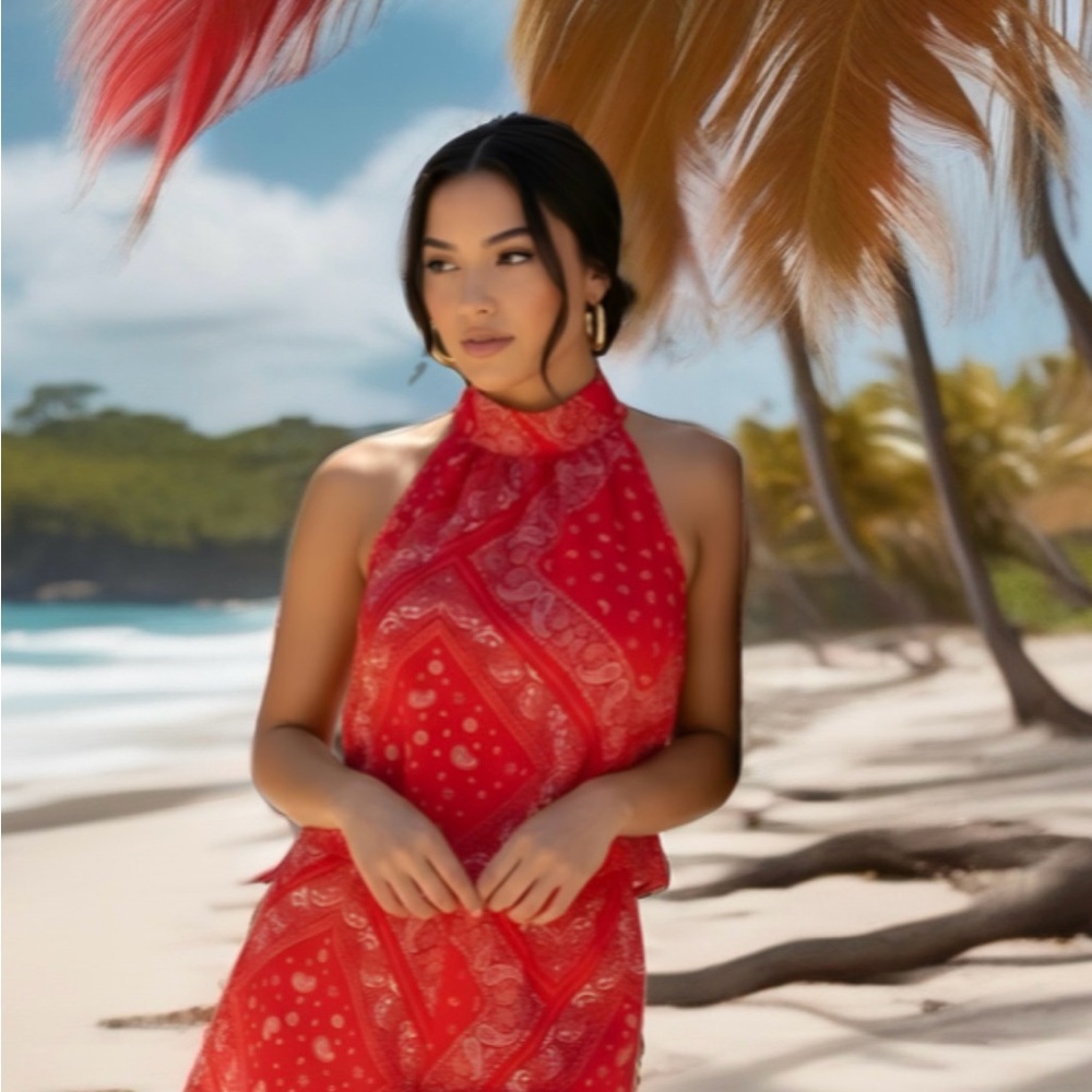 0083 Red Paisley Halter Top and Shorts set